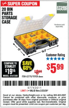 Harbor Freight Coupon 20 BIN PORTABLE PARTS STORAGE CASE Lot No. 62778/93928 Expired: 2/23/20 - $5.99