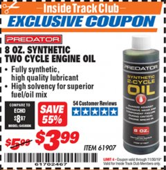 Harbor Freight ITC Coupon 8 OZ. SYNTHETIC TWO CYCLE ENGINE OIL Lot No. 61907 Expired: 11/30/19 - $3.99