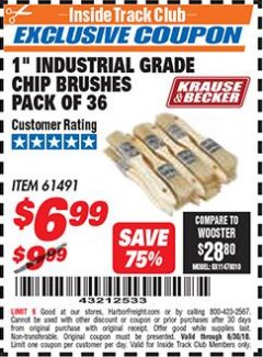 Harbor Freight ITC Coupon 1" INDUSTRIAL GRADE CHIP BRUSHES PACK OF 36 Lot No. 61491 Expired: 6/30/18 - $6.99