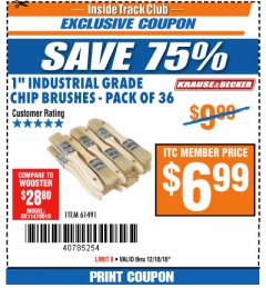 Harbor Freight ITC Coupon 1" INDUSTRIAL GRADE CHIP BRUSHES PACK OF 36 Lot No. 61491 Expired: 12/18/18 - $6.99