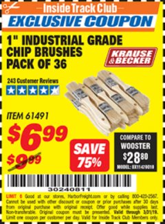 Harbor Freight ITC Coupon 1" INDUSTRIAL GRADE CHIP BRUSHES PACK OF 36 Lot No. 61491 Expired: 3/31/19 - $6.99