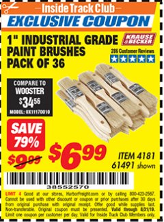 Harbor Freight ITC Coupon 1" INDUSTRIAL GRADE CHIP BRUSHES PACK OF 36 Lot No. 61491 Expired: 8/31/19 - $6.99