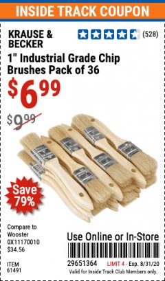 Harbor Freight ITC Coupon 1" INDUSTRIAL GRADE CHIP BRUSHES PACK OF 36 Lot No. 61491 Expired: 8/31/20 - $6.99