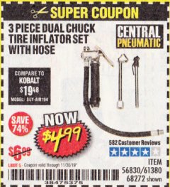 Harbor Freight Coupon DUAL CHUCK TIRE INFLATOR Lot No. 68272/61380 Expired: 11/30/19 - $4.99