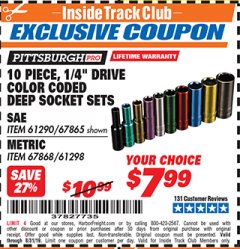 Harbor Freight ITC Coupon 10 PIECE 1/4" DRIVE COLOR CODED DEEP SOCKET SETS Lot No. 67865/61290/61298/67868 Expired: 8/31/19 - $7.99