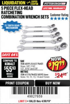 Harbor Freight Coupon 5 PIECE FLEX-HEAD RATCHETING COMBINATION WRENCH  Lot No. 60591/60592 Expired: 4/30/19 - $19.99