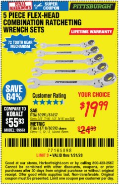 Harbor Freight Coupon 5 PIECE FLEX-HEAD RATCHETING COMBINATION WRENCH  Lot No. 60591/60592 Expired: 1/31/20 - $19.99
