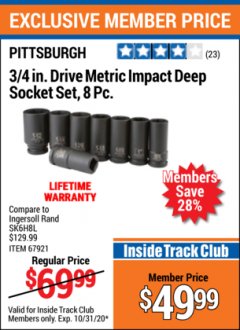 Harbor Freight ITC Coupon 8 PIECE, 3/4" DRIVE IMPACT DEEP SOCKET SETS Lot No. 69518/67935/67921 Expired: 10/31/20 - $49.99