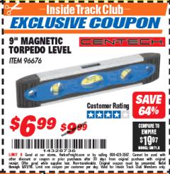 Harbor Freight ITC Coupon 9" MAGNETIC TORPEDO LEVEL Lot No. 96676 Expired: 5/31/18 - $6.99