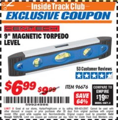 Harbor Freight ITC Coupon 9" MAGNETIC TORPEDO LEVEL Lot No. 96676 Expired: 12/31/18 - $6.99