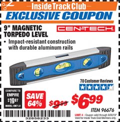 Harbor Freight ITC Coupon 9" MAGNETIC TORPEDO LEVEL Lot No. 96676 Expired: 8/30/19 - $6.99