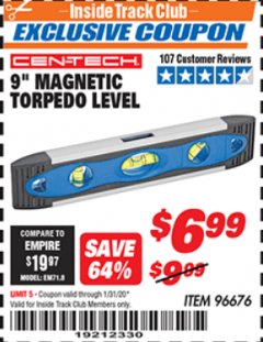 Harbor Freight ITC Coupon 9" MAGNETIC TORPEDO LEVEL Lot No. 96676 Expired: 1/31/20 - $6.99