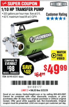 Harbor Freight Coupon 1/10 HP TRANSFER PUMP Lot No. 63317 Expired: 3/22/20 - $49.99