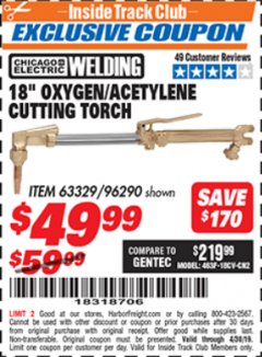 Harbor Freight ITC Coupon 18" OXYGEN ACETYLENE CUTTING TORCH  Lot No. 63329/96290 Expired: 4/30/19 - $49.99