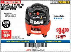 Harbor Freight Coupon 1.5 HP, 6 GALLON, 150 PSI PROFESSIONAL AIR COMPRESSOR Lot No. 62894/67696/62380/62511/68149 Expired: 7/18/18 - $94.99
