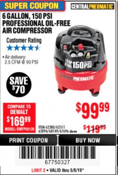 Harbor Freight Coupon 1.5 HP, 6 GALLON, 150 PSI PROFESSIONAL AIR COMPRESSOR Lot No. 62894/67696/62380/62511/68149 Expired: 5/6/19 - $99.99