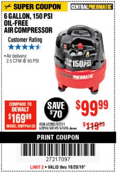 Harbor Freight Coupon 1.5 HP, 6 GALLON, 150 PSI PROFESSIONAL AIR COMPRESSOR Lot No. 62894/67696/62380/62511/68149 Expired: 10/20/19 - $99.99