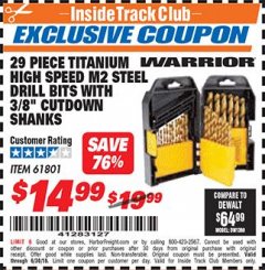 Harbor Freight ITC Coupon 29 PIECE TITANIUM M2 HIGH SPEED STEEL DRILL BITS WITH 3/8" CUTDOWN SHANKS Lot No. 61801 Expired: 6/30/18 - $14.99