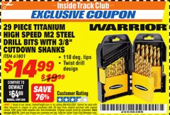 Harbor Freight ITC Coupon 29 PIECE TITANIUM M2 HIGH SPEED STEEL DRILL BITS WITH 3/8" CUTDOWN SHANKS Lot No. 61801 Expired: 8/31/18 - $14.99