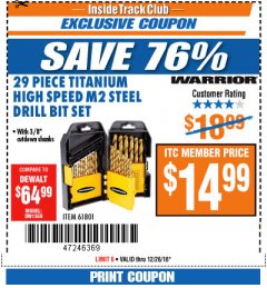 Harbor Freight ITC Coupon 29 PIECE TITANIUM M2 HIGH SPEED STEEL DRILL BITS WITH 3/8" CUTDOWN SHANKS Lot No. 61801 Expired: 12/26/18 - $14.99