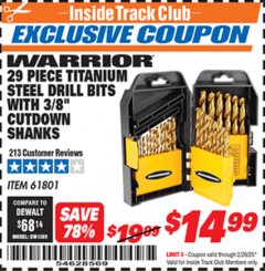 Harbor Freight ITC Coupon 29 PIECE TITANIUM M2 HIGH SPEED STEEL DRILL BITS WITH 3/8" CUTDOWN SHANKS Lot No. 61801 Expired: 2/29/20 - $14.99