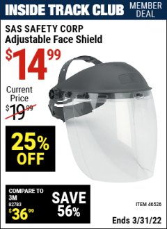 Harbor Freight ITC Coupon ADJUSTABLE FACE SHIELD Lot No. 46526 Expired: 3/31/22 - $14.99