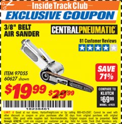 Harbor Freight ITC Coupon 3/8" AIR BELT SANDER Lot No. 97055/60627 Expired: 4/30/19 - $19.99