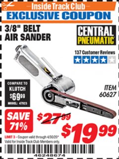 Harbor Freight ITC Coupon 3/8" AIR BELT SANDER Lot No. 97055/60627 Expired: 4/30/20 - $19.99