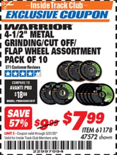 Harbor Freight ITC Coupon 10 PIECE, 4-1/2" METAL GRINDING/CUT-OO/FLAP WHEEL ASSORTED SET Lot No. 47572/61178 Expired: 3/31/20 - $7.99