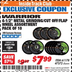 Harbor Freight ITC Coupon 10 PIECE, 4-1/2" METAL GRINDING/CUT-OO/FLAP WHEEL ASSORTED SET Lot No. 47572/61178 Expired: 6/30/20 - $7.99