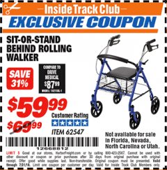 Harbor Freight ITC Coupon SIT-OR-STAND BEHIND ROLLING WALKER Lot No. 62547 Expired: 7/31/18 - $59.99