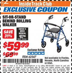 Harbor Freight ITC Coupon SIT-OR-STAND BEHIND ROLLING WALKER Lot No. 62547 Expired: 11/30/18 - $59.99
