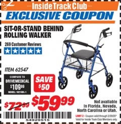 Harbor Freight ITC Coupon SIT-OR-STAND BEHIND ROLLING WALKER Lot No. 62547 Expired: 2/29/20 - $59.99