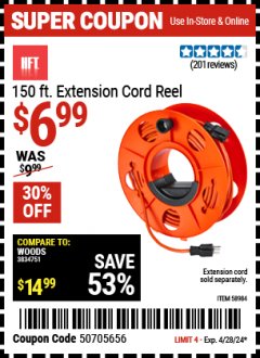 Harbor Freight Coupon 150 FT. MANUAL EXTENSION CORD REEL Lot No. 62954/39343 Valid Thru: 4/28/24 - $6.99
