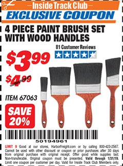 Harbor Freight ITC Coupon 4 PIECE PAINT BRUSH SET WITH WOOD HANDLES Lot No. 67063 Expired: 1/31/19 - $4