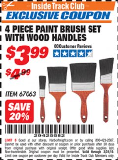 Harbor Freight ITC Coupon 4 PIECE PAINT BRUSH SET WITH WOOD HANDLES Lot No. 67063 Expired: 3/31/19 - $3.99