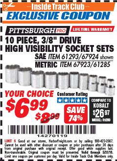 Harbor Freight ITC Coupon 10 PIECE, 3/8" DRIVE HIGH VISIBILITY SOCKET SETS Lot No. 61293/67924/67923/61285 Expired: 5/31/18 - $6.99