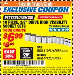 Harbor Freight ITC Coupon 10 PIECE, 3/8" DRIVE HIGH VISIBILITY SOCKET SETS Lot No. 61293/67924/67923/61285 Expired: 12/31/18 - $6.99