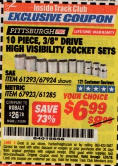 Harbor Freight ITC Coupon 10 PIECE, 3/8" DRIVE HIGH VISIBILITY SOCKET SETS Lot No. 61293/67924/67923/61285 Expired: 7/31/19 - $6.99