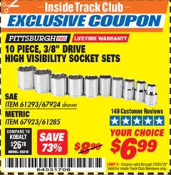 Harbor Freight ITC Coupon 10 PIECE, 3/8" DRIVE HIGH VISIBILITY SOCKET SETS Lot No. 61293/67924/67923/61285 Expired: 10/31/19 - $6.99