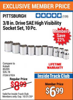 Harbor Freight ITC Coupon 10 PIECE, 3/8" DRIVE HIGH VISIBILITY SOCKET SETS Lot No. 61293/67924/67923/61285 Expired: 10/31/20 - $6.99
