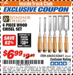 Harbor Freight ITC Coupon 6 PIECE WOOD CHISEL SET Lot No. 60654/62641 Expired: 9/30/18 - $6.99