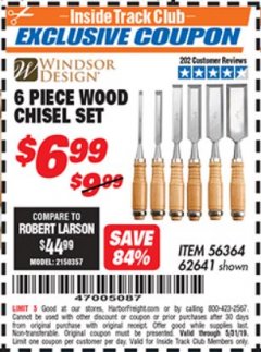Harbor Freight ITC Coupon 6 PIECE WOOD CHISEL SET Lot No. 60654/62641 Expired: 5/31/19 - $6.99