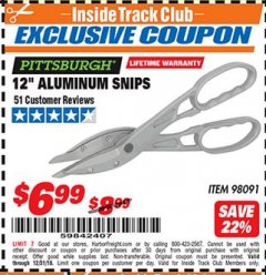 Harbor Freight ITC Coupon 12" ALUMINUM SNIPS Lot No. 98091 Expired: 12/31/18 - $6.99