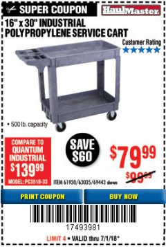 Harbor Freight Coupon 16" x 30" TWO SHELF INDUSTRIAL POLYPROPYLENE SERVICE CART Lot No. 61930/92865/69443 Expired: 7/31/18 - $79.99
