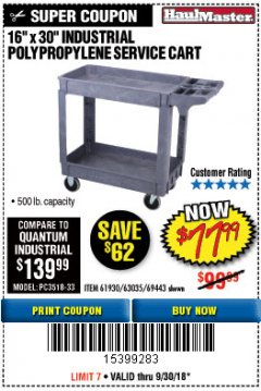 Harbor Freight Coupon 16" x 30" TWO SHELF INDUSTRIAL POLYPROPYLENE SERVICE CART Lot No. 61930/92865/69443 Expired: 9/30/18 - $77.99