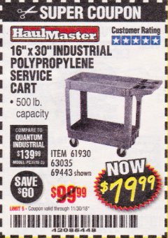 Harbor Freight Coupon 16" x 30" TWO SHELF INDUSTRIAL POLYPROPYLENE SERVICE CART Lot No. 61930/92865/69443 Expired: 11/30/18 - $79.99