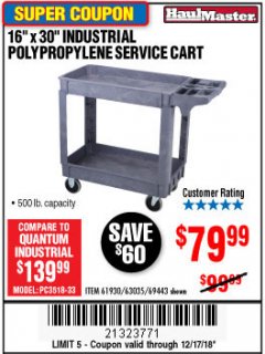 Harbor Freight Coupon 16" x 30" TWO SHELF INDUSTRIAL POLYPROPYLENE SERVICE CART Lot No. 61930/92865/69443 Expired: 12/17/18 - $79.99