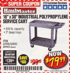 Harbor Freight Coupon 16" x 30" TWO SHELF INDUSTRIAL POLYPROPYLENE SERVICE CART Lot No. 61930/92865/69443 Expired: 2/28/19 - $79.99
