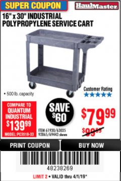 Harbor Freight Coupon 16" x 30" TWO SHELF INDUSTRIAL POLYPROPYLENE SERVICE CART Lot No. 61930/92865/69443 Expired: 4/1/19 - $79.99